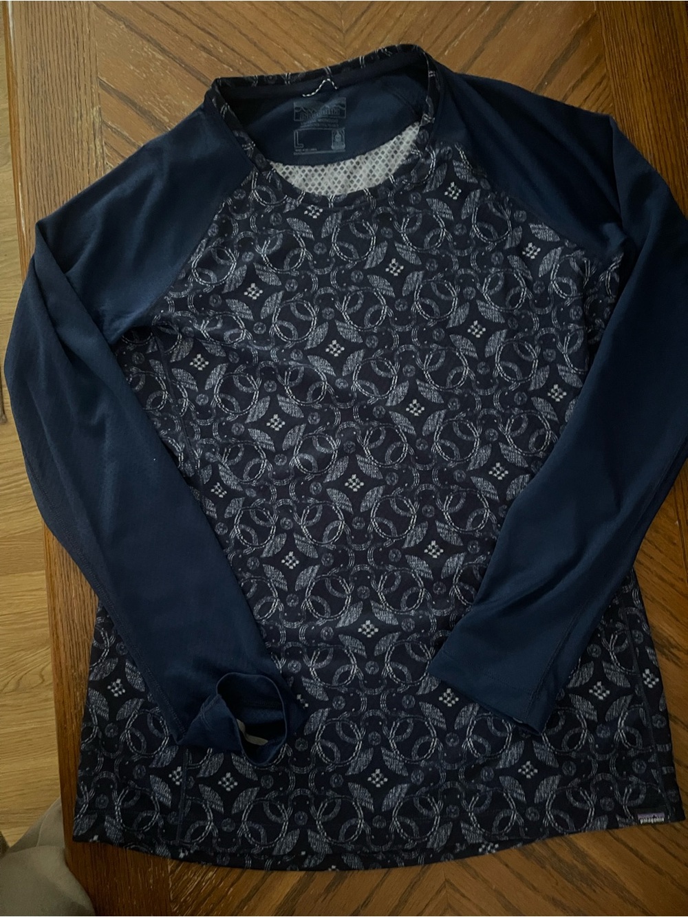 Patagonia Navy and White Geometric Floral Capilene Midweight Top